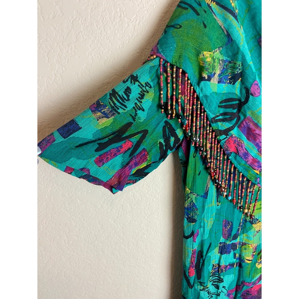 Vintage Carol Little Womens Peasant Style Dress Printed Green Size 4 Beaded - Picture 6 of 11